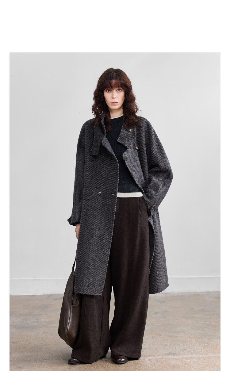 DME [Kochi University Female Lead] Winter Sheep Wool Diagonal Stripe Double-Sided Wool Coat Stand Collar Long Women's Woolen Overcoat 2