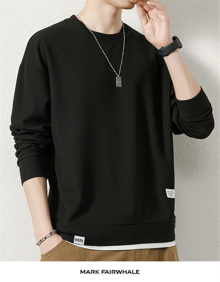 MARK FAIRWHALE Men's Spring and Autumn Waffle Knit Casual Crew Neck Long Sleeve T-Shirt White XL 17