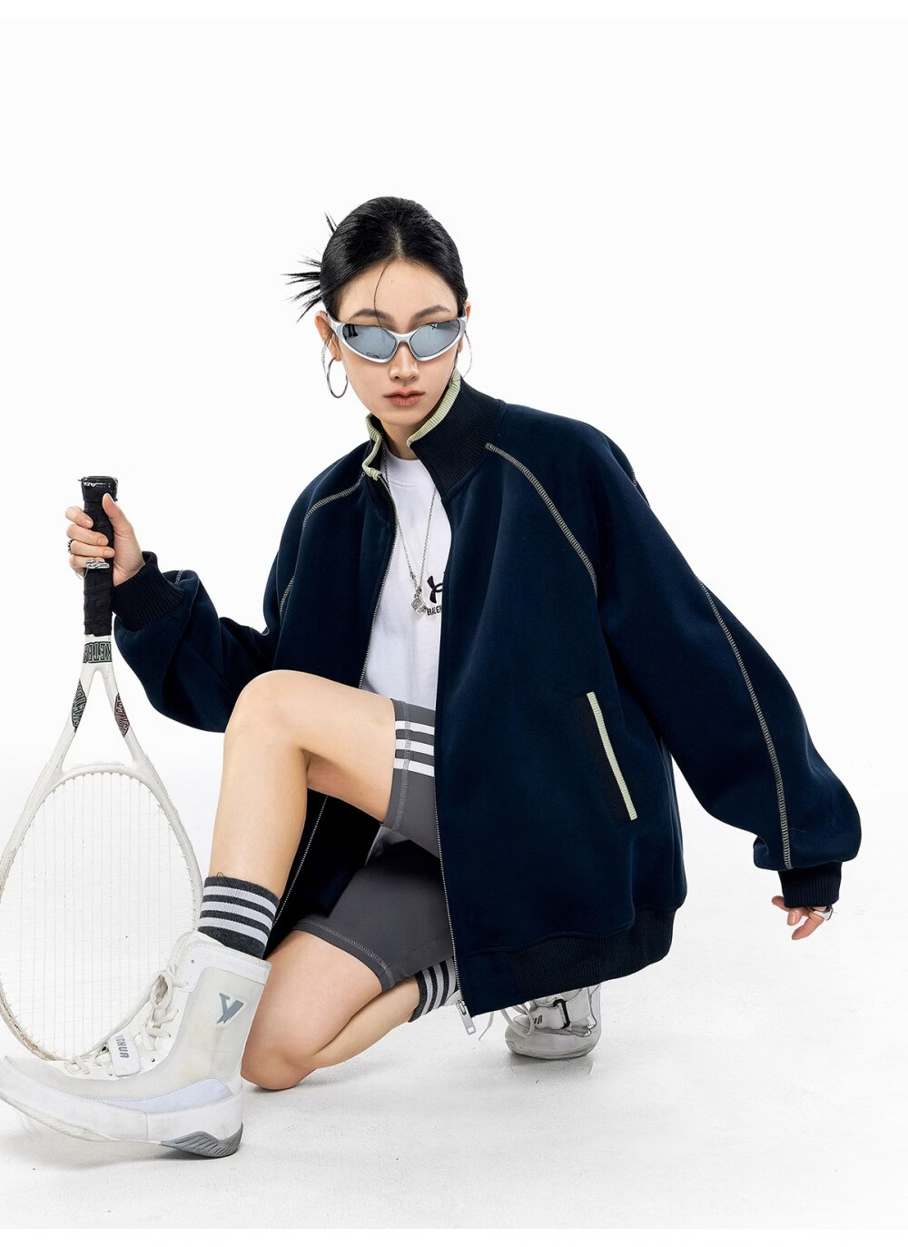 ICH MODE American Style Hassel Corduroy Sports Jacket Women 2026 Spring New Loose Cardigan Sweatshirt Zipper Top Dark Gray XL 32