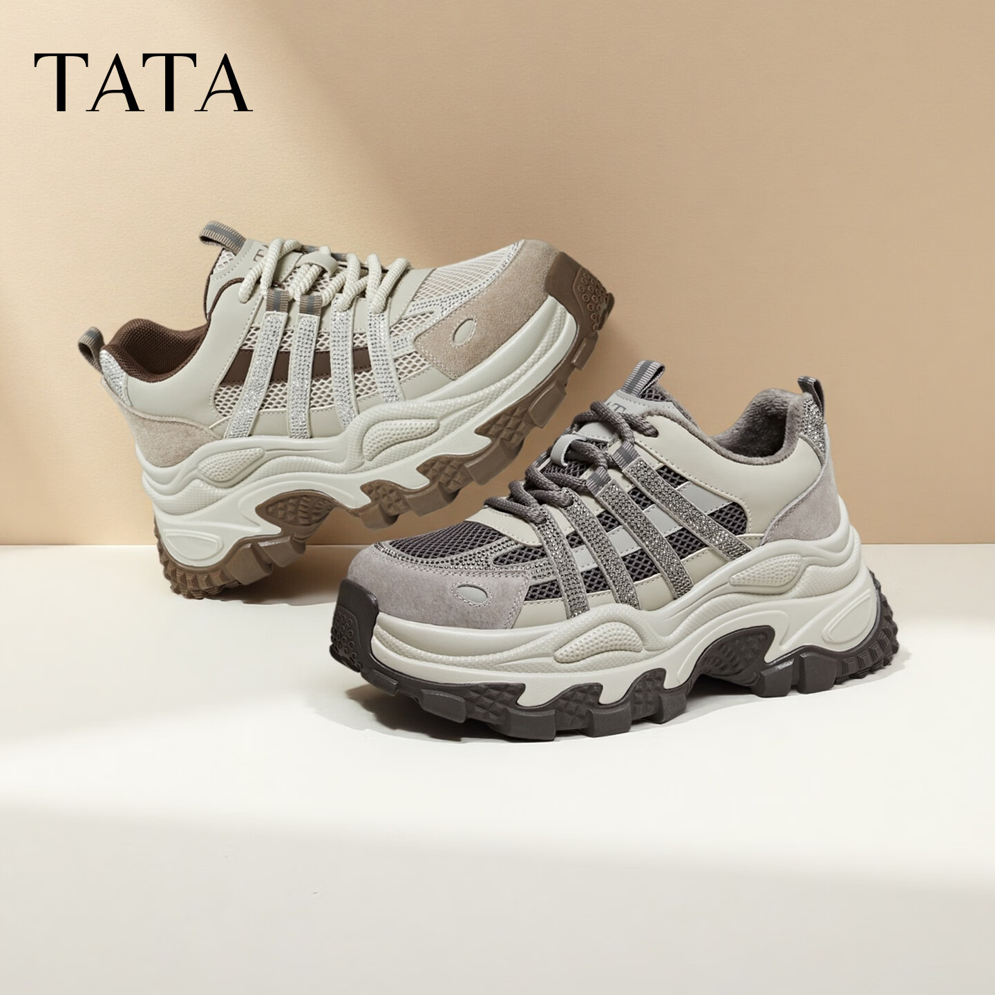 TATA 2026 Spring Mall Fashion Casual Versatile Women's Dad Sneakers Gray/Beige (Fleece Lined) Size 36