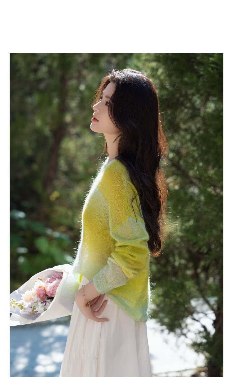 Demana [Green Mango Shaved Ice] Spring Tyndall V-Neck Irregular Gradient Sweater Loose Fit Petite Women's Knitwear 11