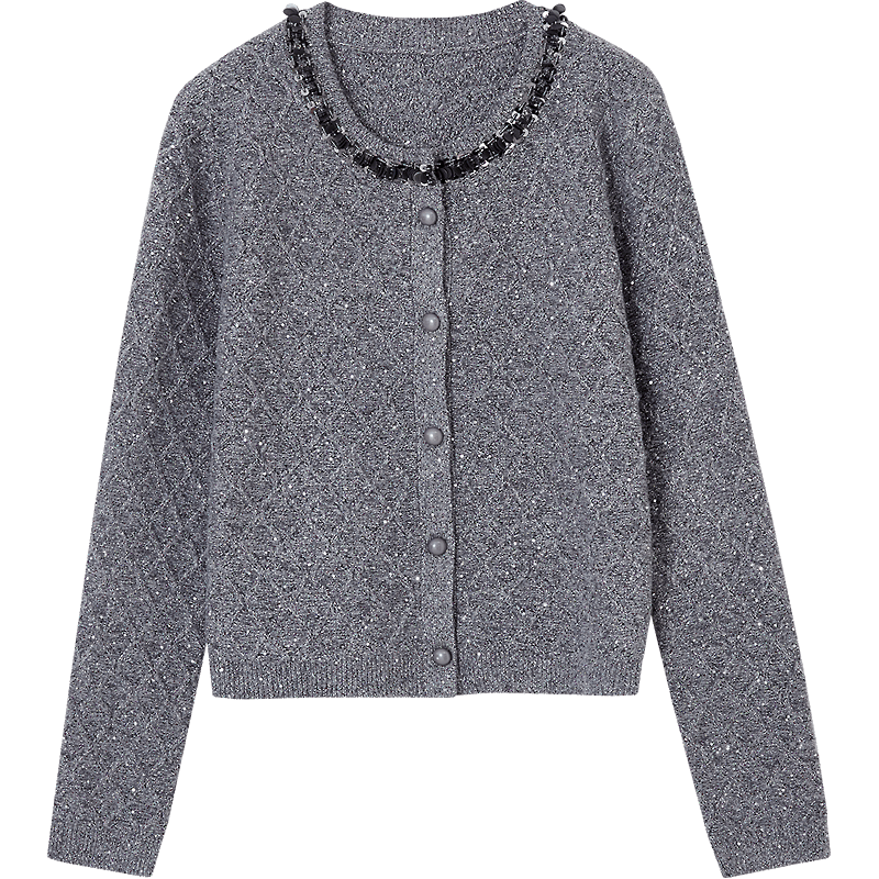 Demana Warm Rhythm Double Festival Autumn Winter French Style Sequin Cardigan Diamond Jacquard Round Neck Slim Knitwear Women High-End