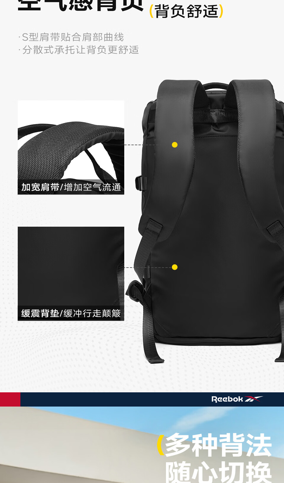 Reebok Men's New Water-Resistant Sports Backpack Large Capacity Travel Handbag Light Gray 9