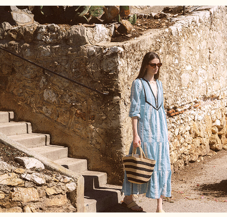 AtlanticBeach New French Style Seaside Vacation Dress Women Autumn Loose V-Neck Embroidered Mid-Length Cover-Up Sun Protection Wrap Dress 13