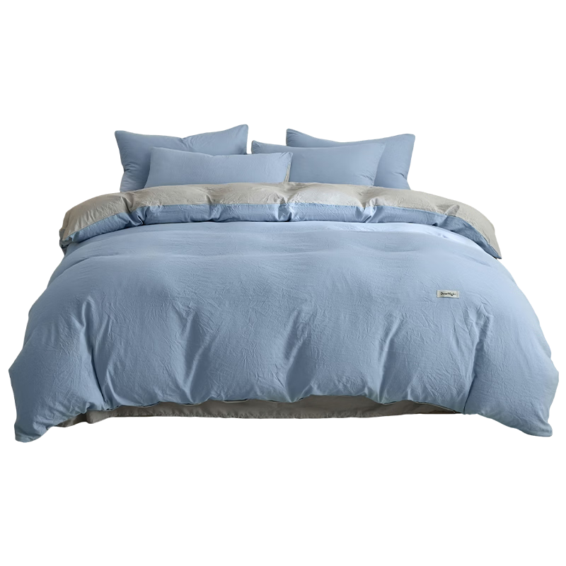 HLA A-Class Washed Cotton 4-Piece Bedding Set Sheet Duvet Cover Skin-Friendly Home Dormitory Bed Linen Sky Blue + Light Gray 1.5m Fitted Sheet 4-Piece Set