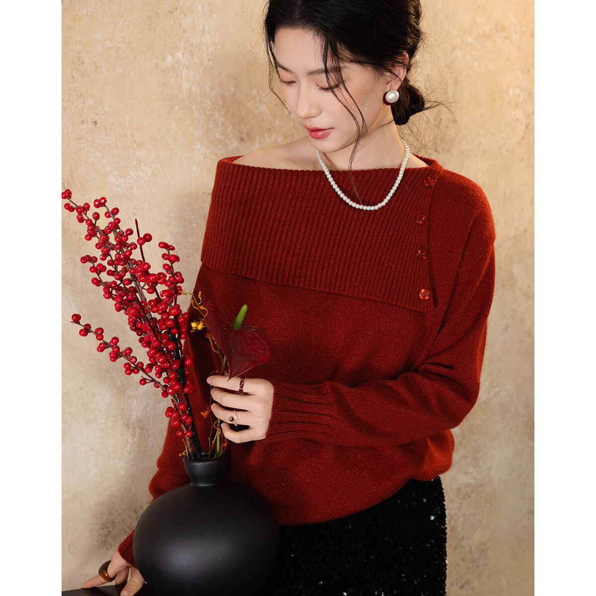 Demana Red Rose Nocturne Winter Vintage Elegant Asymmetric Neckline Slimming Knit Sweater for Women