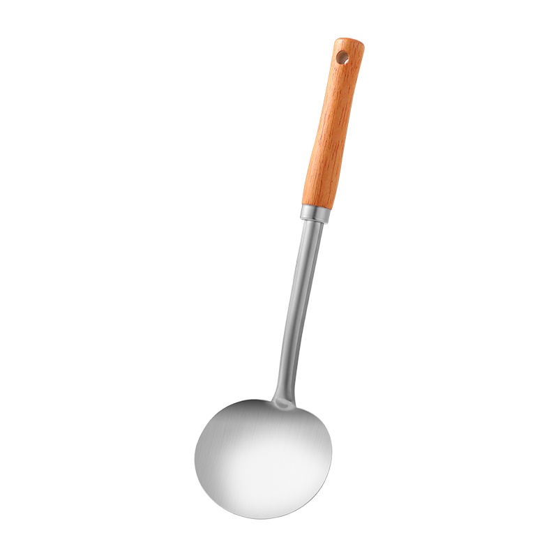 Baijie 304 Stainless Steel Stir Fry Wok Spoon Mushroom Turner Spatula Cooking Spatula Wooden Handle High Temperature Resistant Extended Large Size