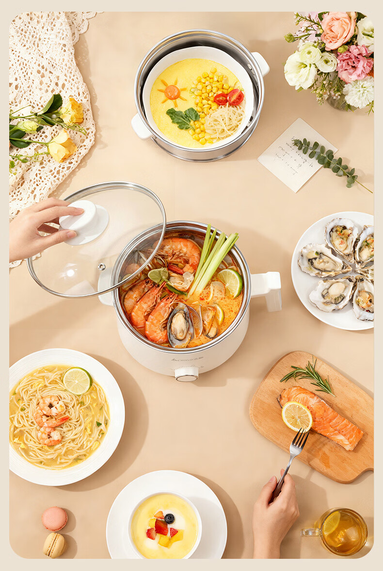 CHIGO Electric Cooking Pot [0 Plastic 0 Coating] Electric Hot Pot Small 304 Stainless Steel Mini Electric Pot Integrated Instant Noodle Small Hot Pot Multifunctional Pot Birthday Gift 1.7L 13