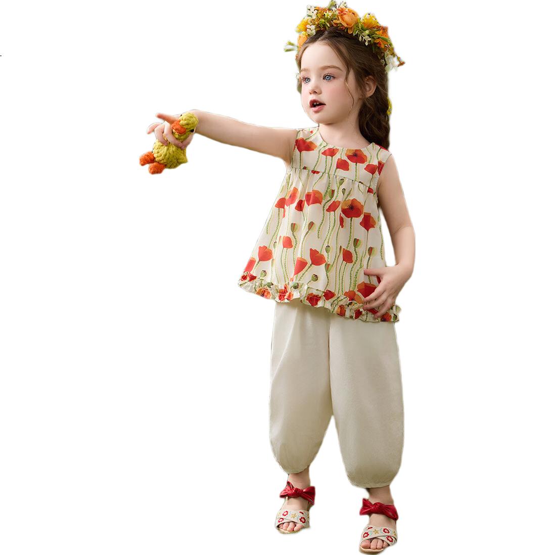 ASK JUNIOR [Pastoral French Style] Children's Set Toddler Floral Sleeveless Vest Top Lantern Pants Mosquito-Repellent Girls Two-Piece Set