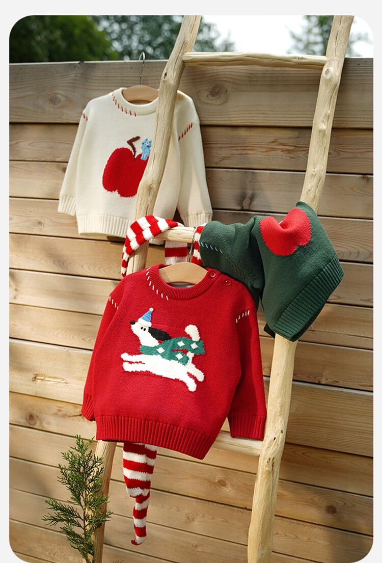 Minibala Kids Baby Sweater 2025 Winter Pure Cotton Lining Cute Animal Pattern Red Christmas Sweater 9