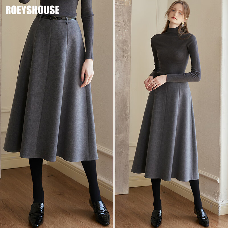 ROEYSHOUSE Women's Versatile Flared Midi Skirt Winter Slim Fit High Waist Office Skirt 11781 Gray XL
