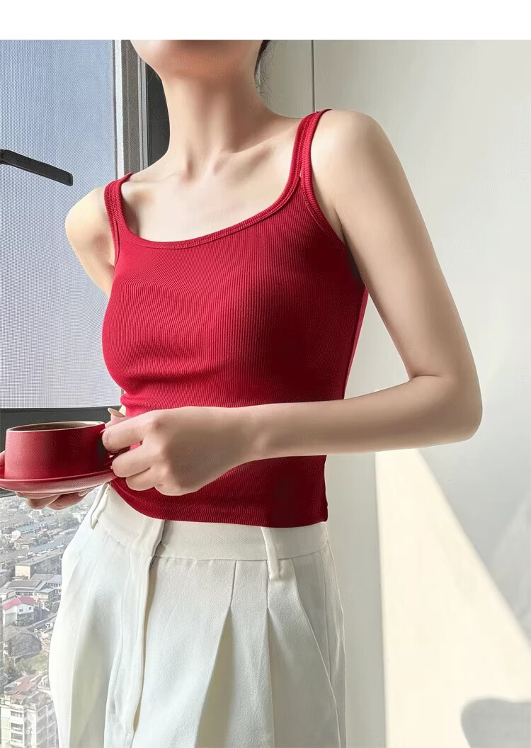 La Chapelle Red Spaghetti Strap Tank Top for Women Summer Outerwear with Built-in Padded Bra, Beautiful Back Inner Wear, Wine Red XL 9
