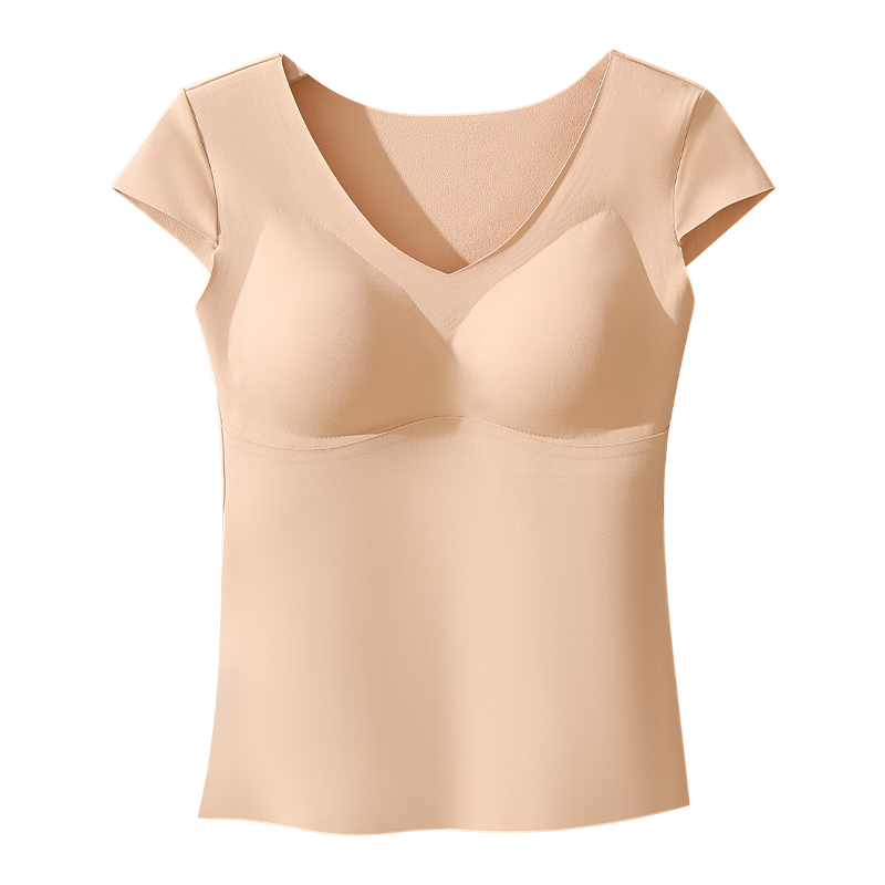 MiiOW Invisible Seamless Thermal Vest for Women with Chest Pad, Bra-Free Integrated Camisole Top, Short Sleeve, Skin Color, Size L