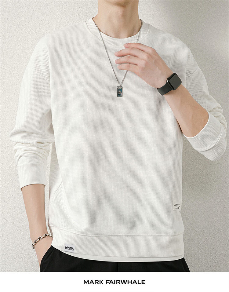 MARK FAIRWHALE Men's Spring and Autumn Waffle Knit Casual Crew Neck Long Sleeve T-Shirt White XL 20