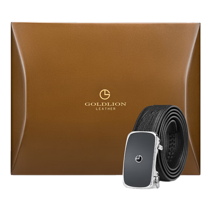 Goldlion Belt with Automatic Buckle, Inner Buckle Waist Belt, Ostrich Leather High-End Wooden Gift Box Trouser Belt, Birthday Gift Present