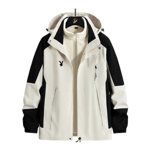 PLAYBOY Men's Autumn Winter Versatile Detachable Outdoor Windproof Waterproof 3-in-1 Casual Jacket Lead Gray 4XL