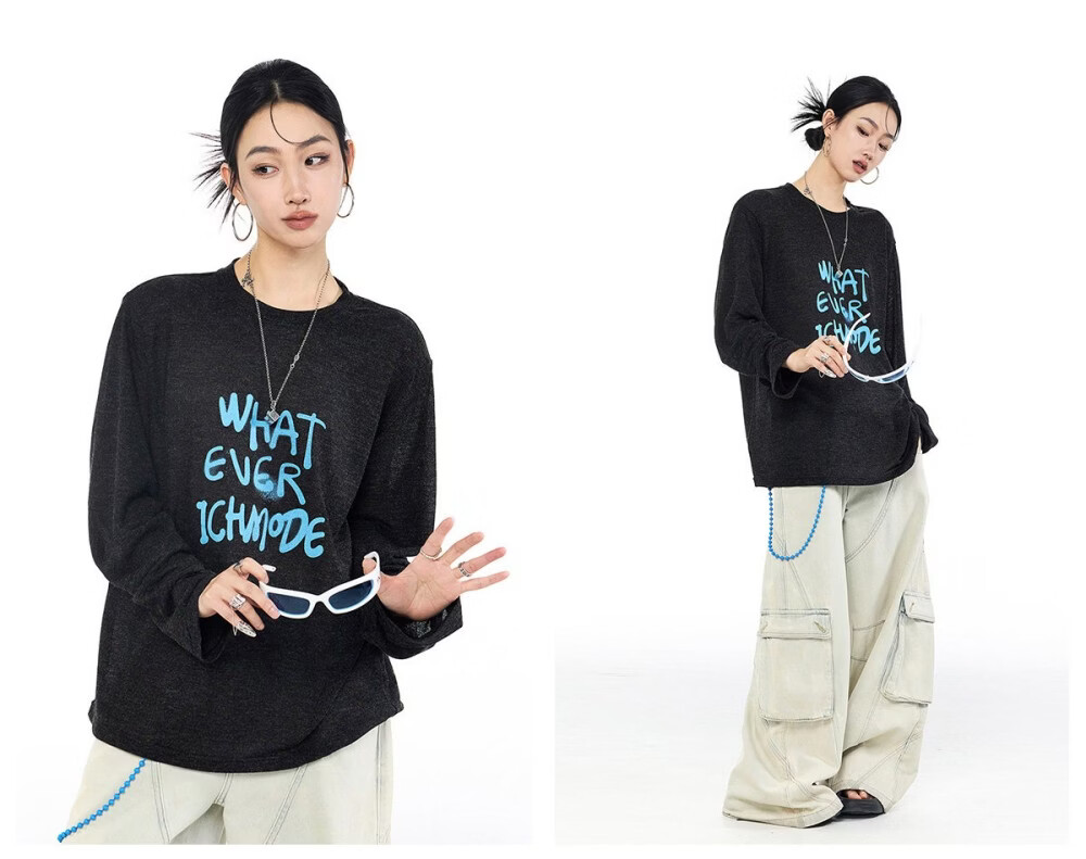 ICH MODE American Style Lightweight Long Sleeve T-Shirt Women 2026 New Spring Summer Physical Sun Protection Loose Top Blue M 24