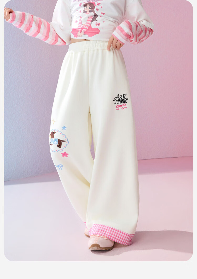 ASK JUNIOR Kids Pants 2026 Spring Straight-Leg Trousers for Girls Plaid Color-Block Casual Pants Apricot 6