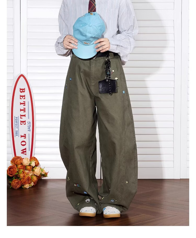 BEETLE TOWN Cartoon Embroidered Casual Pants for Women Spring Autumn 2025 New Loose Wide-Leg Curved Blade Pants Black M 14