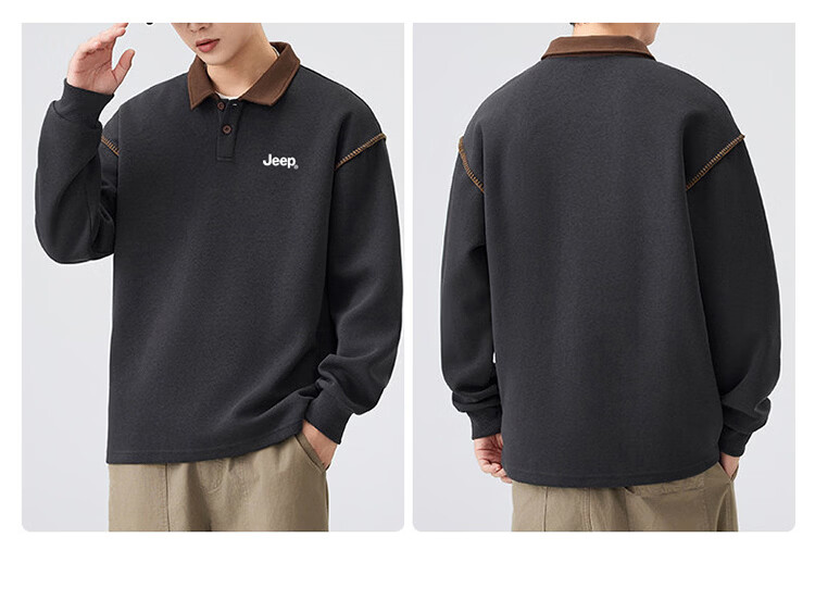 JEEP Men's Spring Autumn Polo Collar Loose Long Sleeve Base Shirt Dark Gray 3XL 6