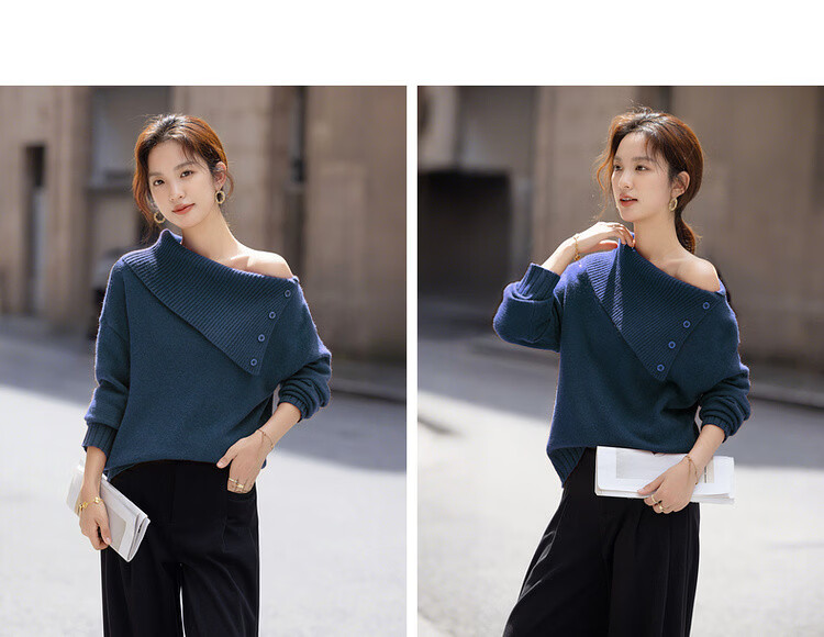 Demana Red Rose Nocturne Winter Vintage Elegant Asymmetric Neckline Slimming Knit Sweater for Women 14