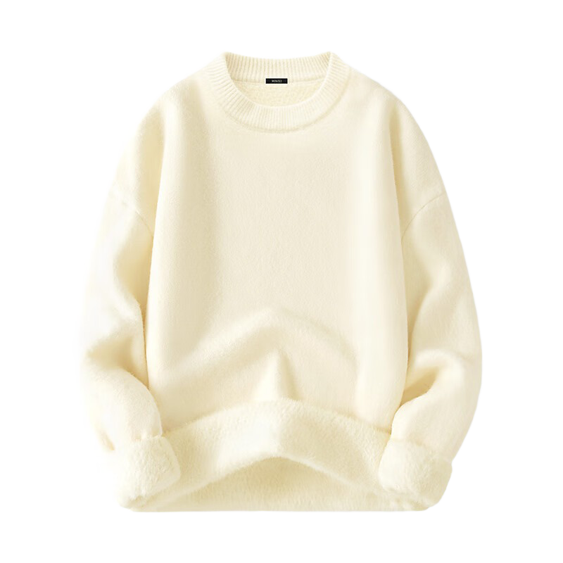 MINISO Men's Fleece-Lined Sweater Winter Warmth Integrated Fleece 2025 New Round Neck Knitwear Off-White L