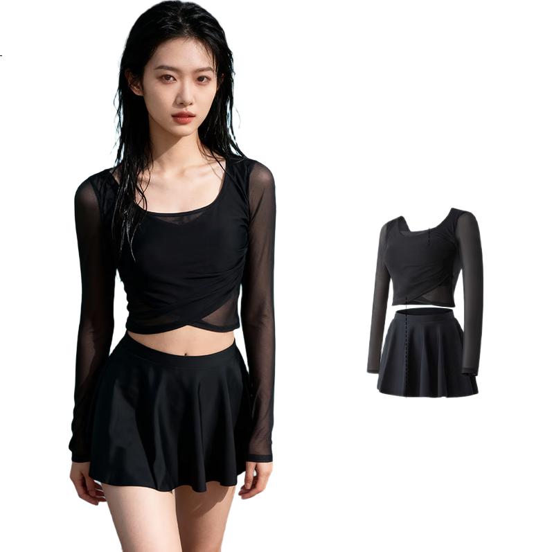 ANTA Slim Waist Two-Piece Swimsuit for Women, Long Sleeve, 2025 Model, Suitable for Vacation, Hot Springs, Body Concealing, Slimming, Conservative Swimwear, Size L
