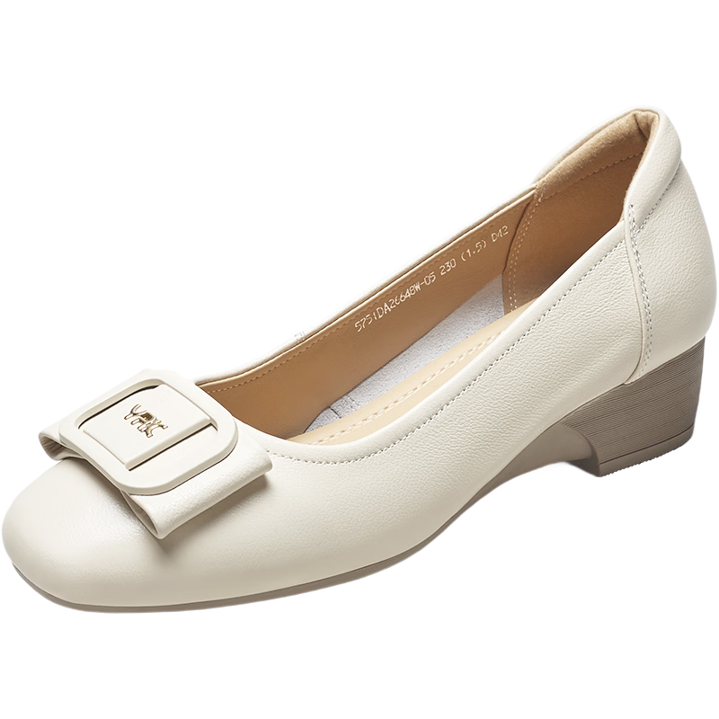Eierkang Slip-On Comfortable Flat Shallow Mouth Mom Single Shoes Women Chunky Heel Work Leather Shoes 26648W Off-White 38