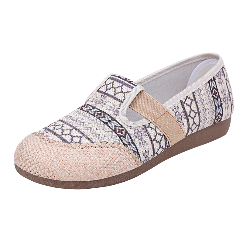 BUSHEYUAN Women's Slip-On Flat Striped Fisherman Shoes Casual Old Beijing Cloth Shoes 610-4404 Gray Size 37