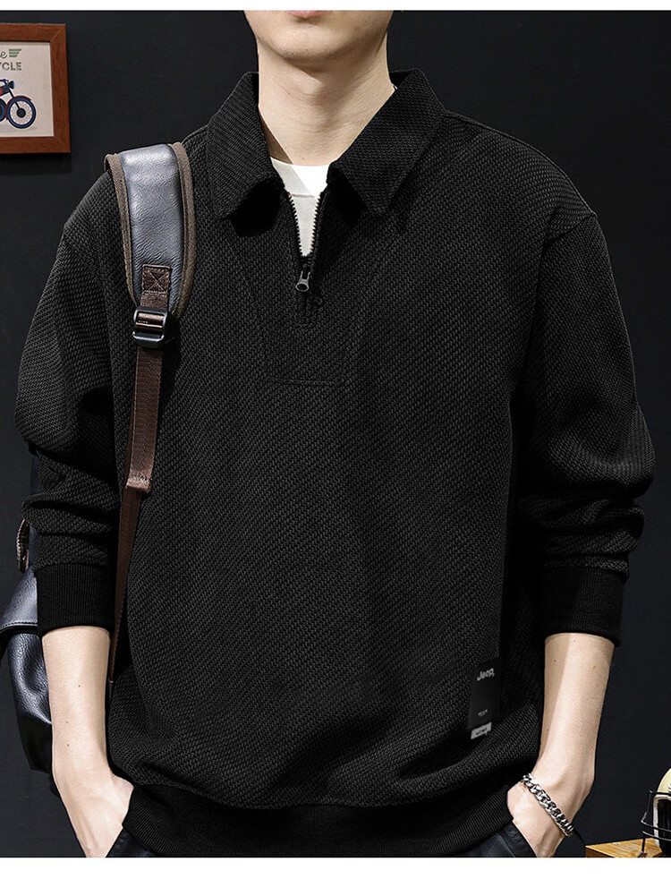 JEEP Men's Heavyweight Spring Autumn High-End Loose Long Sleeve Polo Shirt Black 3XL 12