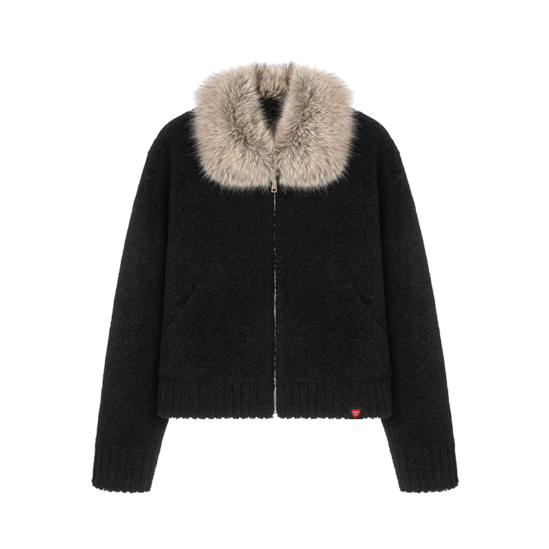 :CHOCOOLATE IT Dyed Lamb Wool Collar Shearling Coat Autumn Winter Women's Black Eco-friendly Fur Black S