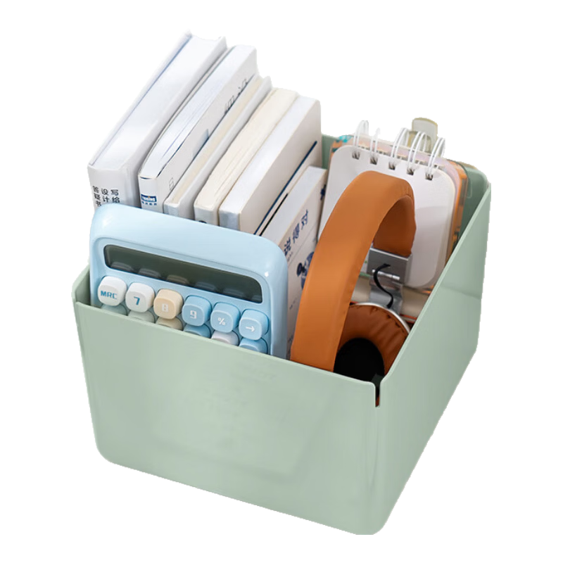 Deli [4.8L Capacity] Medium Desktop Storage Box with Lid, Dust-Proof, Pen Holder, Stationery Organizer, Bookend Shelf, Small Container for Miscellaneous Items Storage, XDM13 Gree
