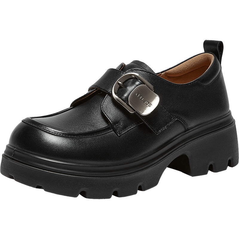 BASTO 26 Spring Comfortable Leather Thick Sole Chunky Heel Loafers Women's Shoes A6502AM6 Black Size 38
