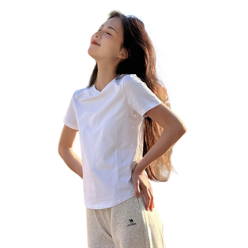 CAMEL Women's Regular Shoulder T-Shirt Solid Color Casual Cotton-Feel Short Sleeve Ice Cool Top C26BARLG016 Boundless White S