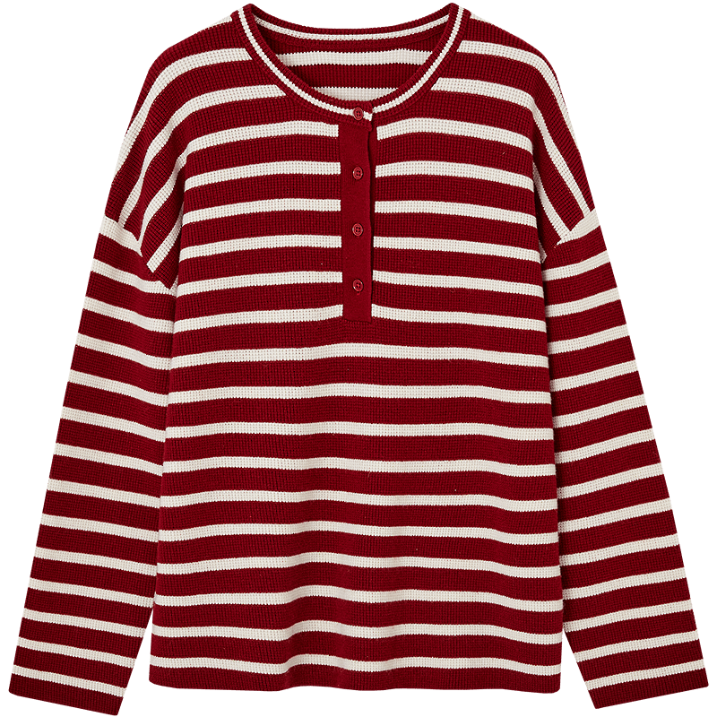Demana Breathable Wool Blend Vintage Salt-Wind Half-Placket Striped Loose Knit Sweater Women's Top Winter