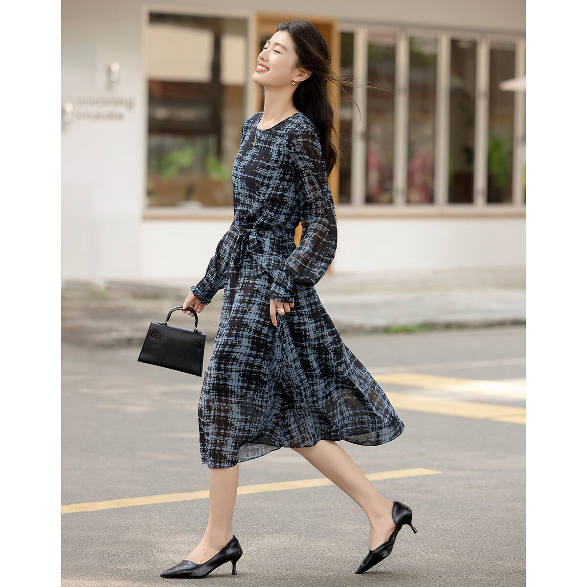 Demana Romantic Chiffon Season Spring Elegant Lightweight Round Neck Waterdrop Button Loose Petite Women's Dress