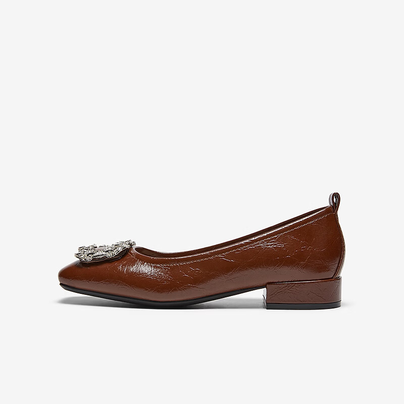 BASTO 26 Spring Fashion Shiny Rhinestone Commuting Low-Cut Square-Toe Women's Flats R6162AQ6 Brown Size 37