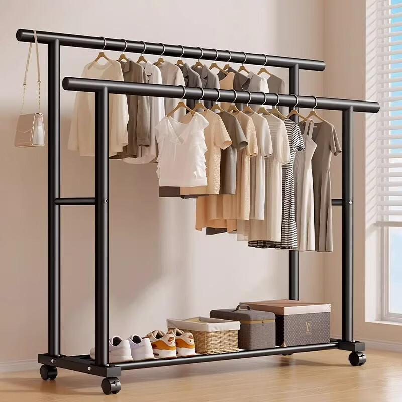 Shanshan Wooden Floor Clothes Rack Multifunctional Indoor Garment Hanger for Bedroom and Balcony with Mobile Storage Rack