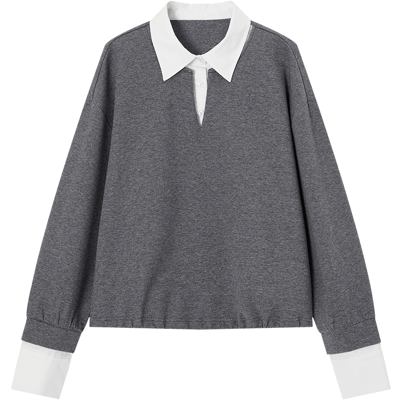 Demana [Comfort Elastic Air Layer] Spring Design Three-Button Spliced Fake Two-Piece Small Female Sweatshirt