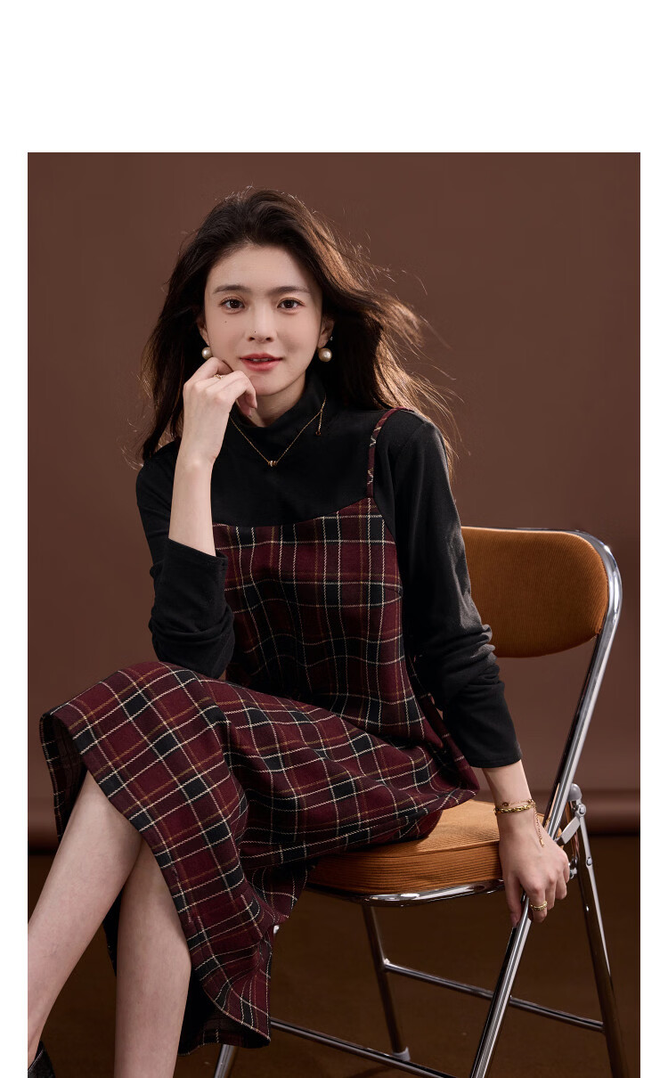 Demana [Smart Academy] Winter Retro Plaid Stand Collar Splicing Design A-Line Petite Women's Dress 11