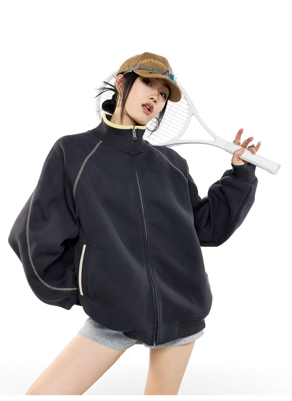 ICH MODE American Style Hassel Corduroy Sports Jacket Women 2026 Spring New Loose Cardigan Sweatshirt Zipper Top Dark Gray XL 49