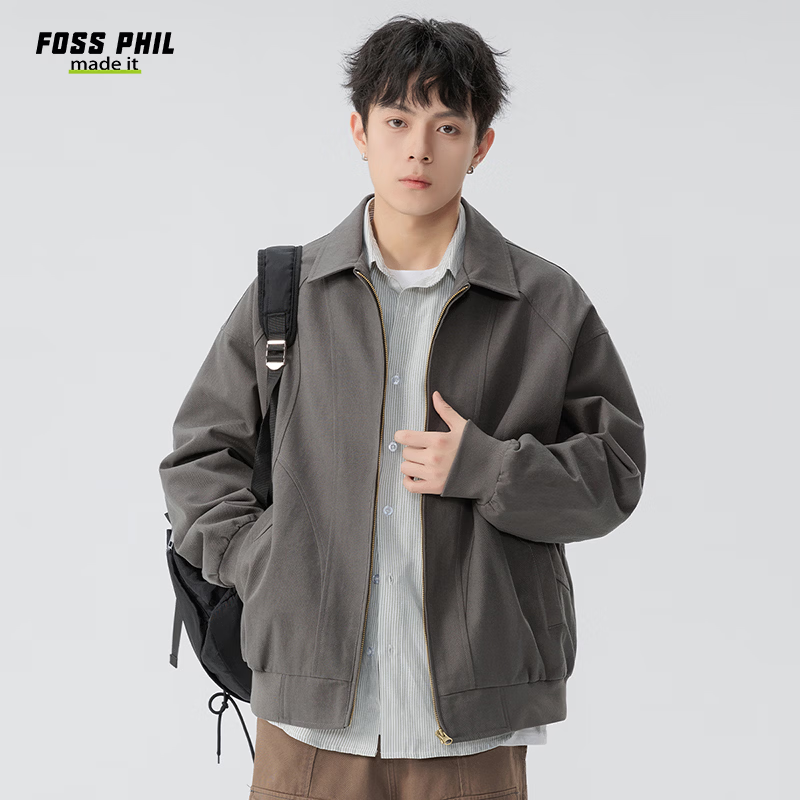 Foss Phil Men's Spring Autumn Casual American Style Loose Workwear Jacket with Turn-down Collar Gray 2XL 6768