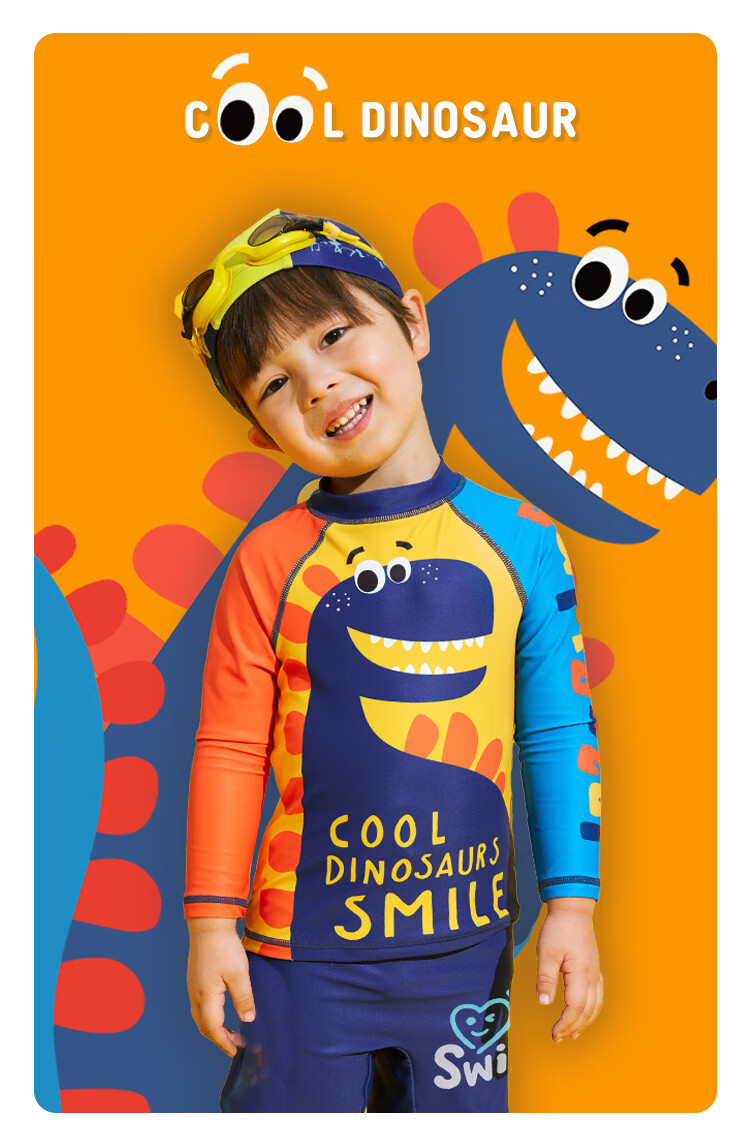 Sulang Sunscreen Boys' Swimming Vacation Children's Swimwear Dinosaur Walk Long Sleeve Top 150+ Navy Blue Cartoon Pants 150 1
