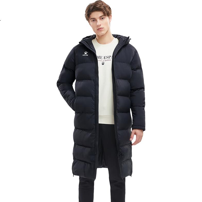 KELME Men's Long Sports Cotton Padded Coat Winter Hooded Knee-Length Warm Training Jacket Windbreaker Black 3XL