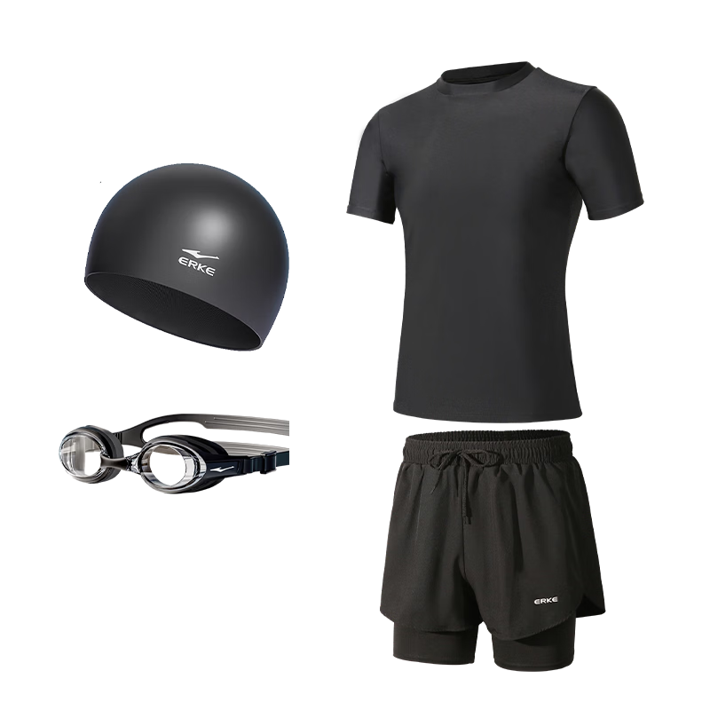 ERKE Men's Plus Size Two-Piece Swimwear Set with Anti-Embarrassment Swim Trunks, Swimming Goggles, and Hot Spring Swimming Gear Four-Piece Set