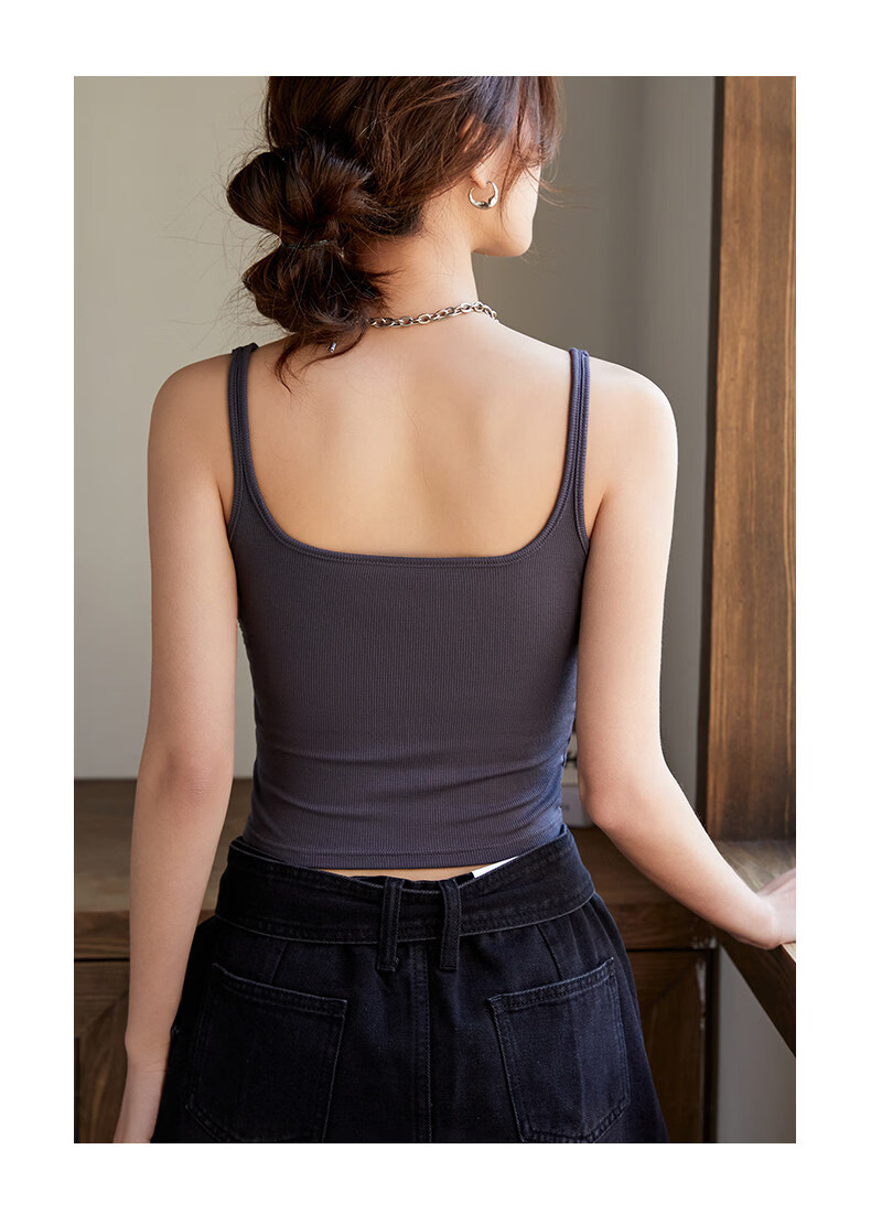 Borui Women's Ribbed U-Back Slim Strap Camisole with Built-in Padded Bra, Pure Desire Mid-Length Tank Top 15
