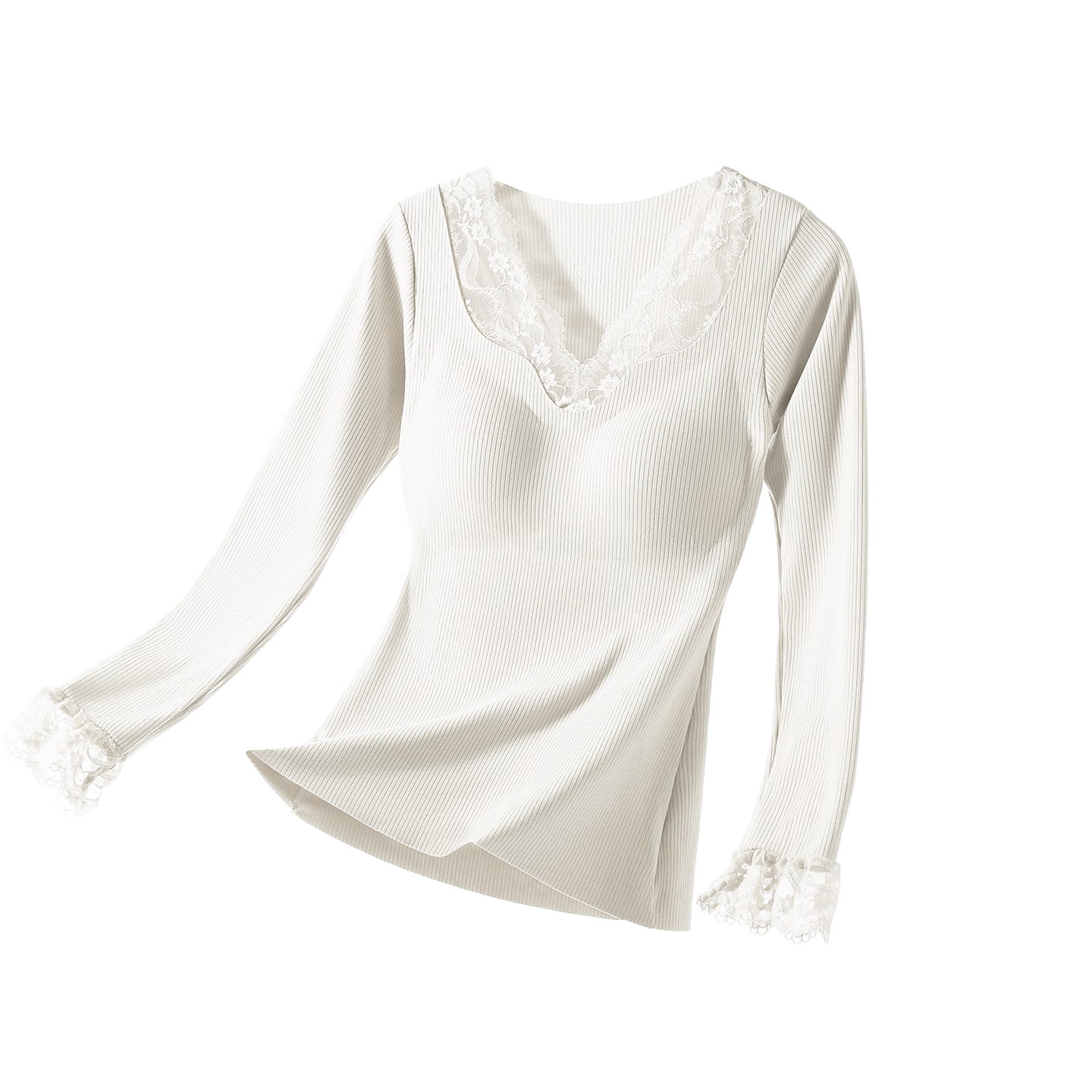 OEING Women's Thermal Underwear Lace V-Neck with Chest Pad Bra-Free Versatile Base Layer Autumn Warm Set