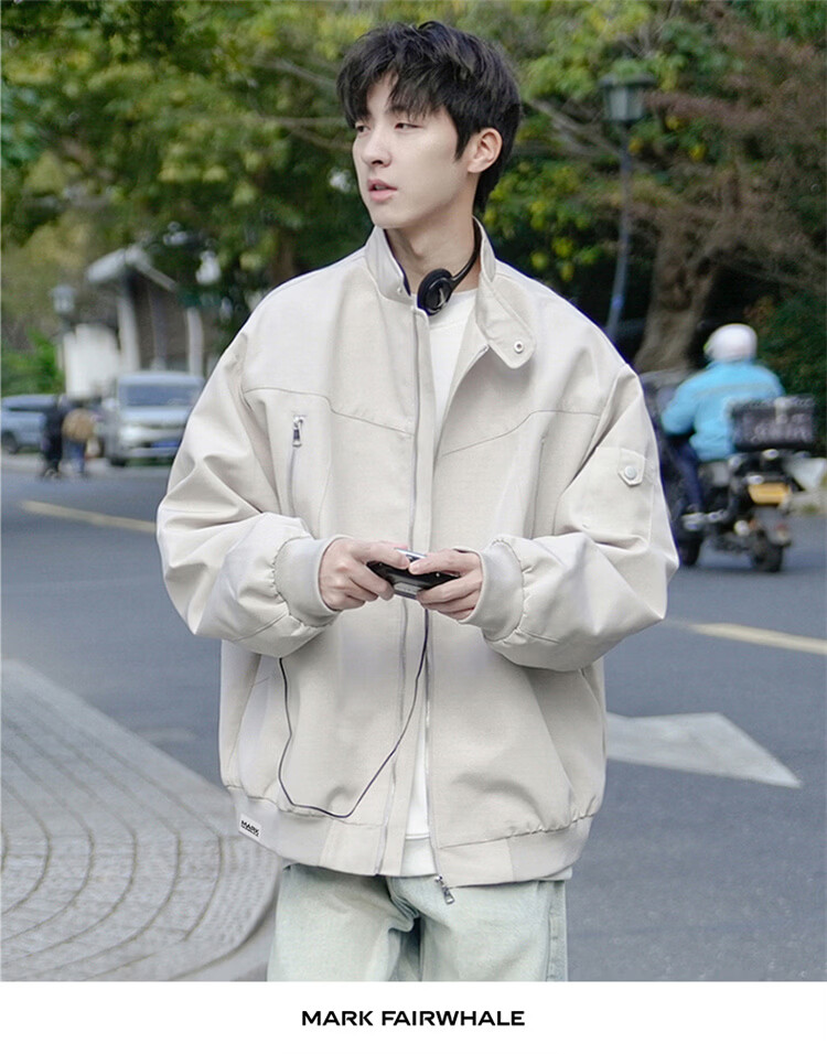 MARK FAIRWHALE Men's Jacket Spring and Autumn Flight Bomber Casual Baseball Coat Beige XL 8