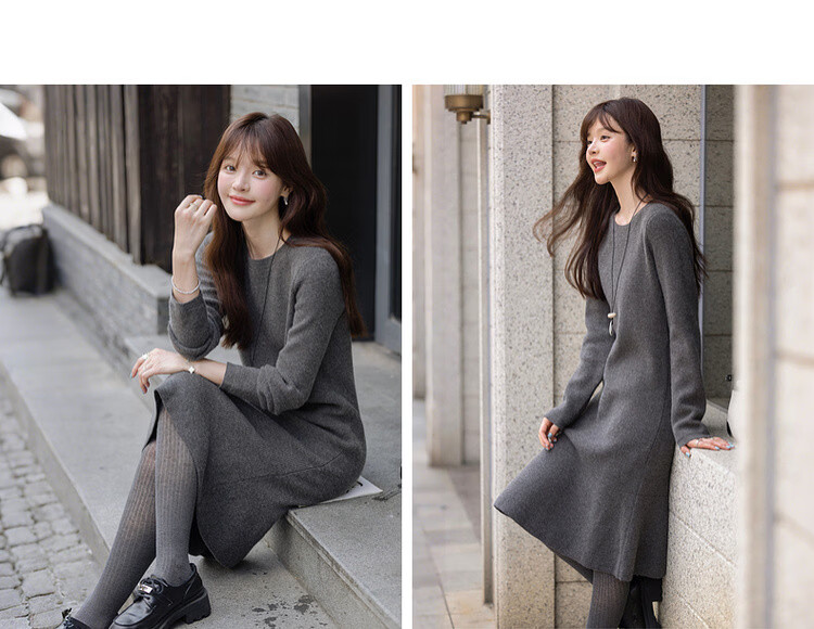 MT Smart Warm Style Winter Lazy Round Neck Fish Tail Soft Comfortable Elegant Knit Long Dress for Women 11