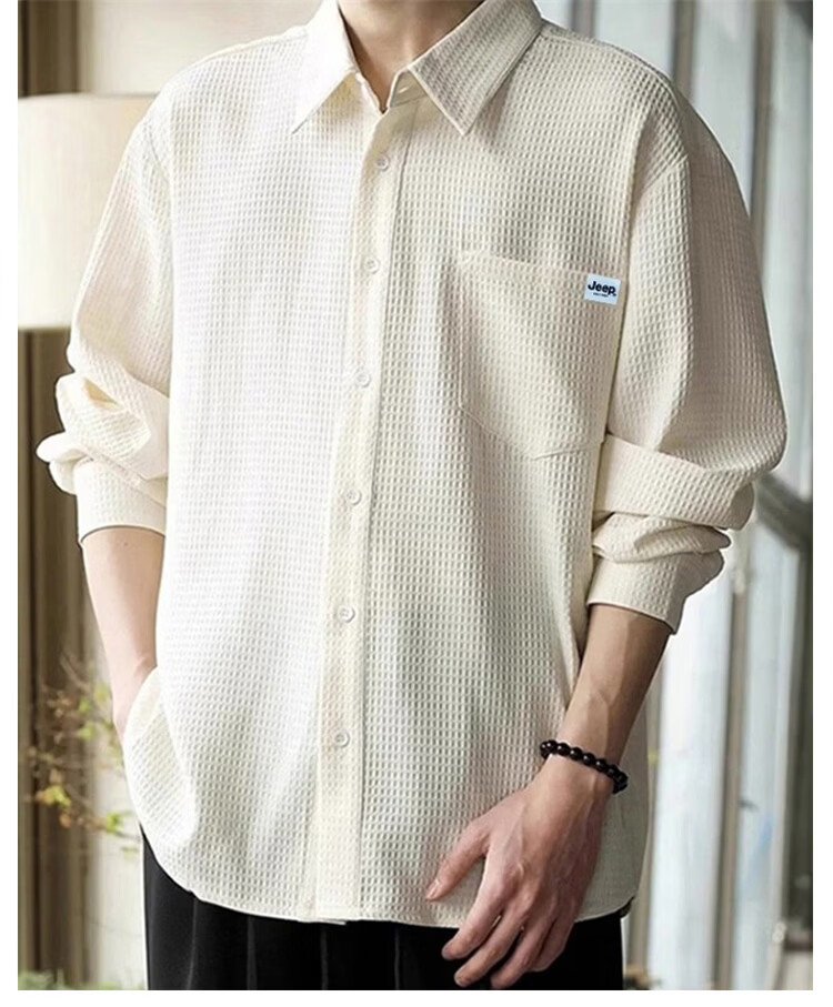 JEEP Men's Long Sleeve Waffle Shirt Casual Loose Fit Jacket Spring Autumn Beige M 6